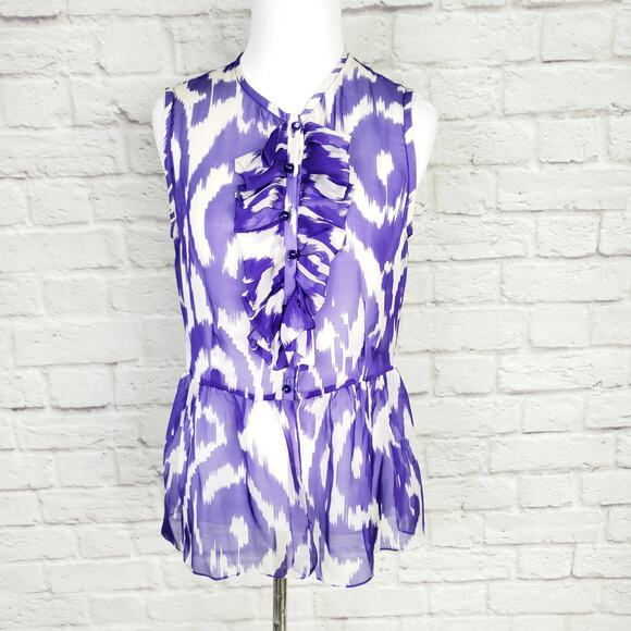 Cynthia Steffe Purple White Peplum Ruffle Silk Top Size 4 - Picture 1 of 10